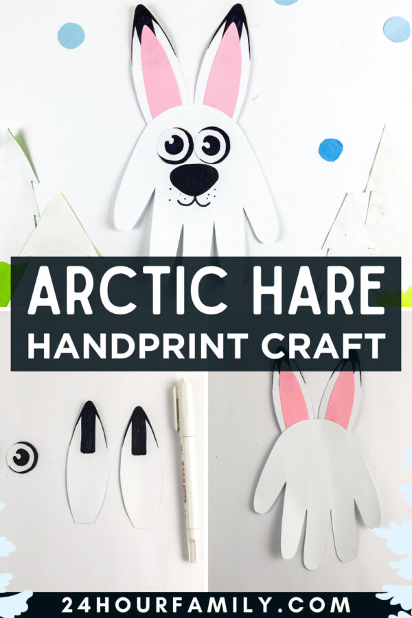 Arctic hare handprint craft shown with assembled and unassembled paper pieces.