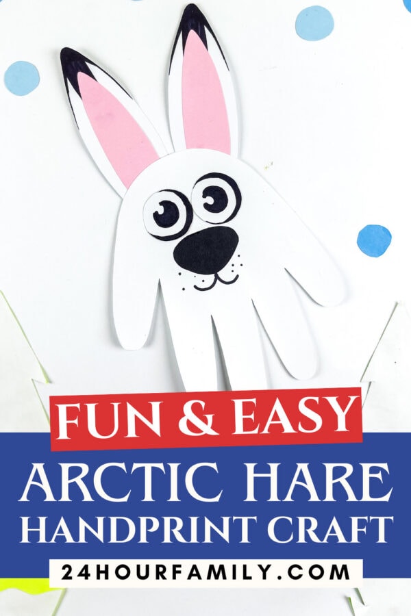 Handprint arctic hare craft with long pink ears and big eyes.
