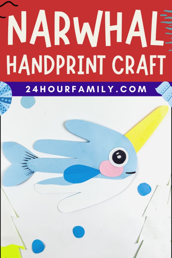 Narwhal paper handprint craft displayed with a red header.