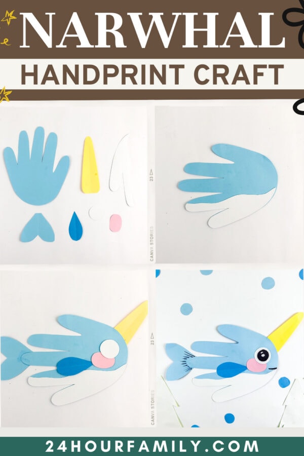 Step-by-step narwhal handprint craft collage showing cutouts and final design.
