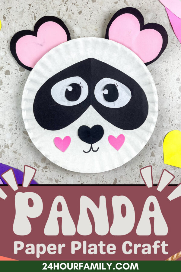 Finished panda paper plate craft with heart-shaped details.