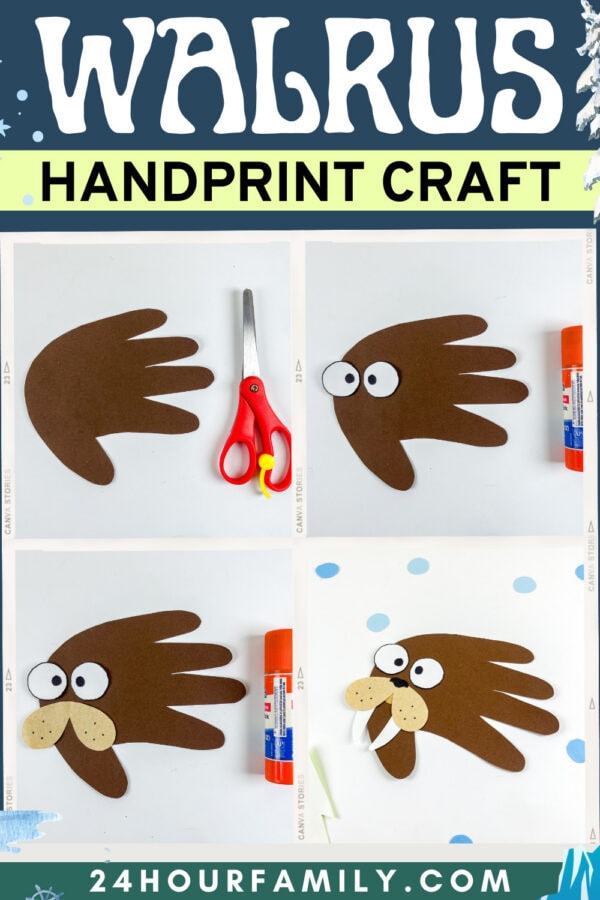 Step-by-step walrus handprint craft collage with title banner.