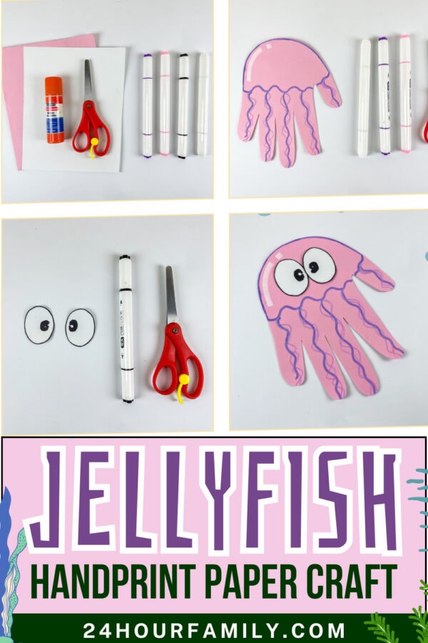 Jellyfish handprint paper craft steps collage with supplies and finished craft