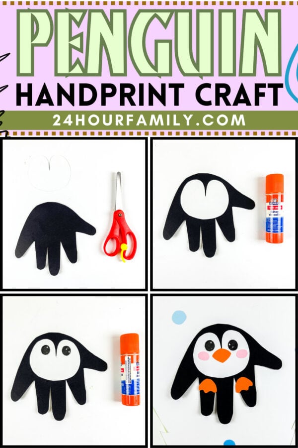 Step-by-step penguin handprint craft collage.