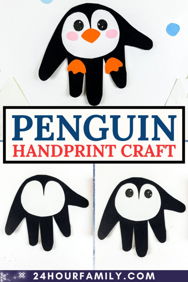 Penguin handprint craft collage with title and step-by-step images.