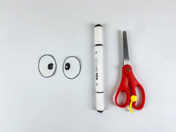Paper eyes, black marker, and child-safe scissors