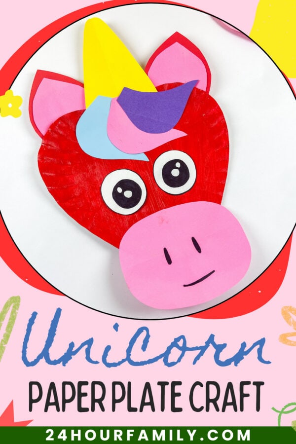 Red unicorn paper plate craft with colorful mane and pink snout.