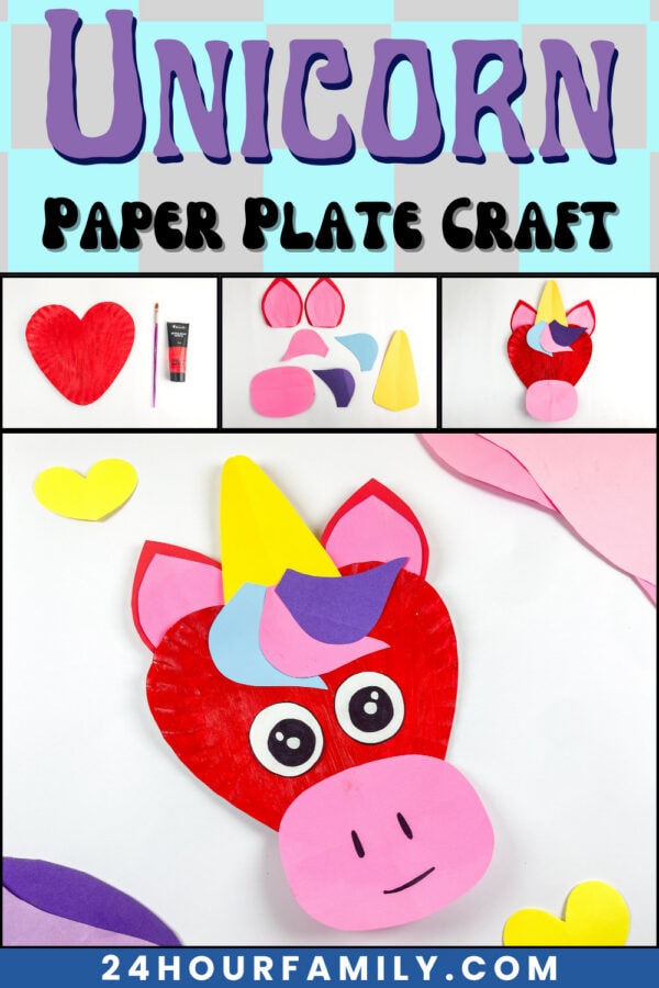 Unicorn paper plate craft collage showing steps and finished design.