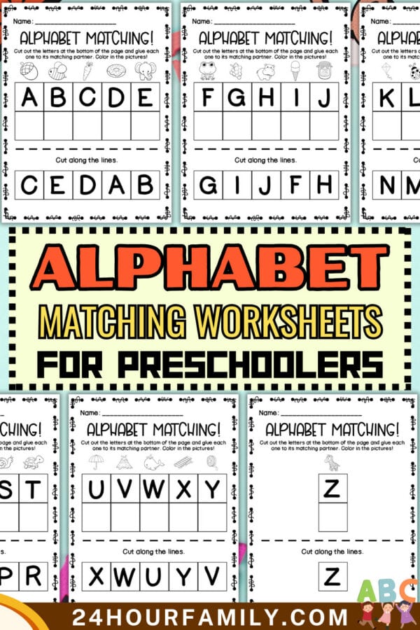 Collage of multiple alphabet matching worksheets with “for preschoolers” banner.