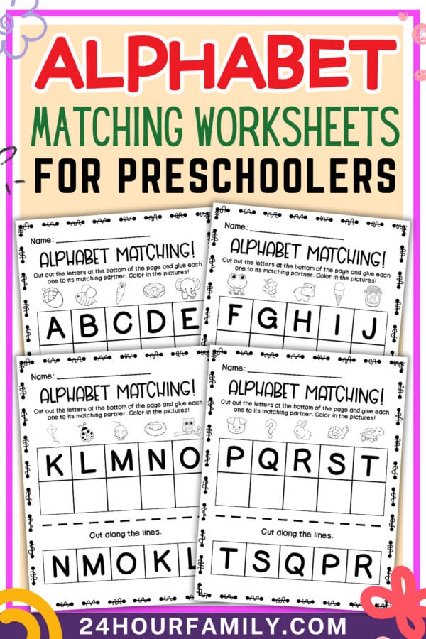 Cover image showing alphabet matching worksheets for preschoolers with sample pages.