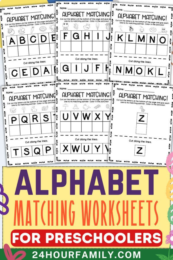Collage of alphabet matching worksheets with colorful “Alphabet Matching Worksheets for Preschoolers” title.