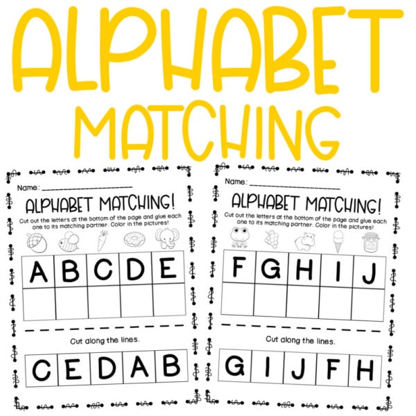 Title page reading “Alphabet Matching” with two sample worksheets shown.