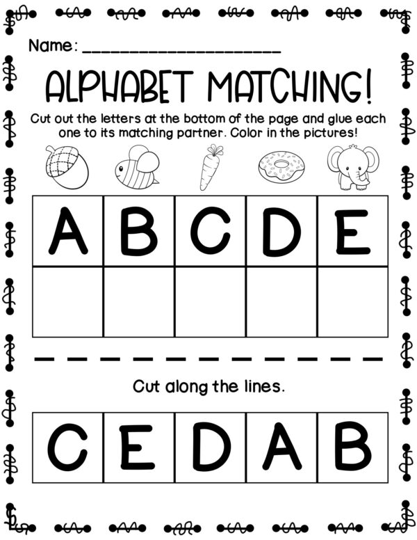 Worksheet matching letters A–E with cut-and-paste activity.
