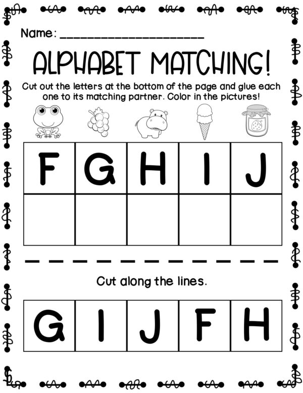 Worksheet matching letters F–J with cut-and-paste activity.