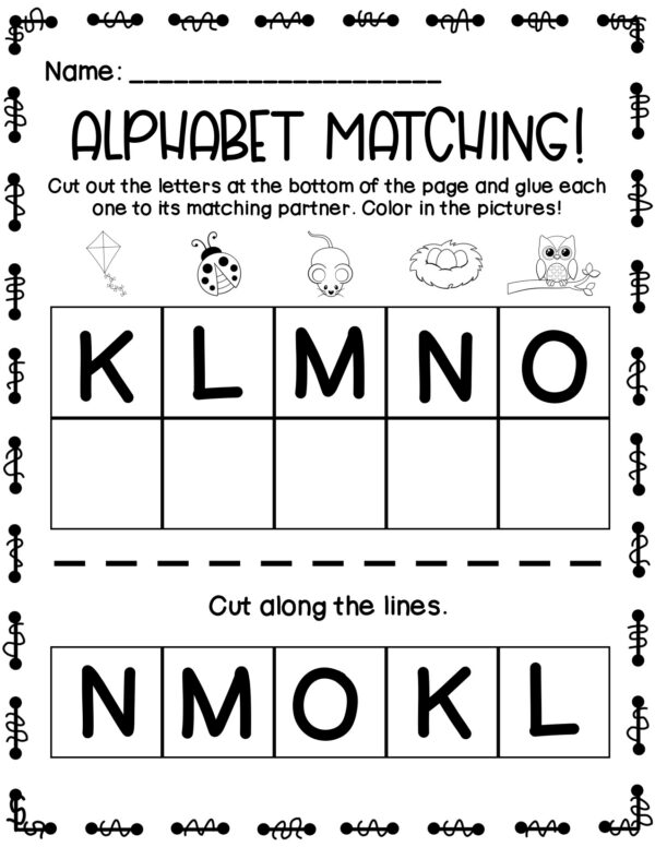 Worksheet matching letters K–O with cut-and-paste activity.
