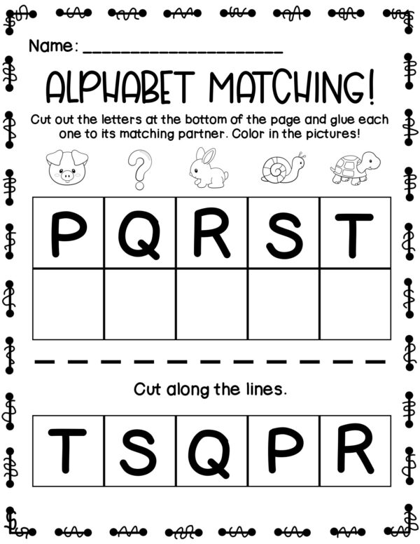 Worksheet matching letters P–T with cut-and-paste activity.