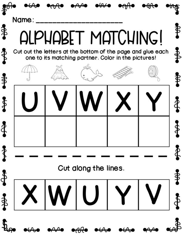 Worksheet matching letters U–Y with cut-and-paste activity.