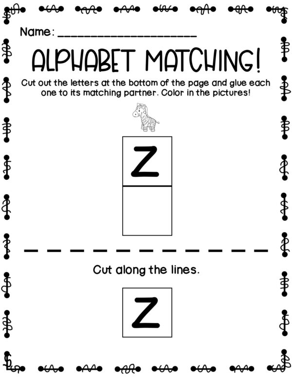 Worksheet for matching the letter Z.
