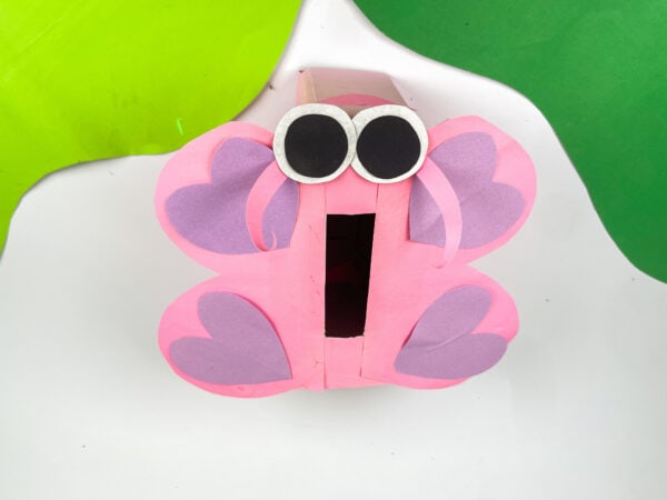 Pink butterfly Valentine box with heart wings and card slot