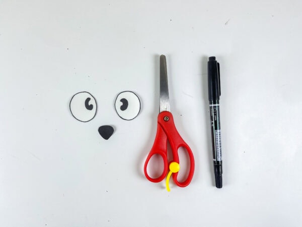 Paper eyes, nose, scissors, and black marker