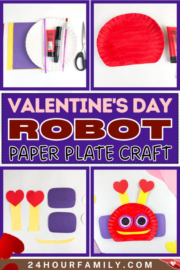 Valentine’s Day robot paper plate craft collage