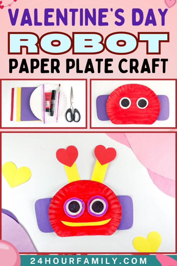 Valentine’s Day robot paper plate craft collage