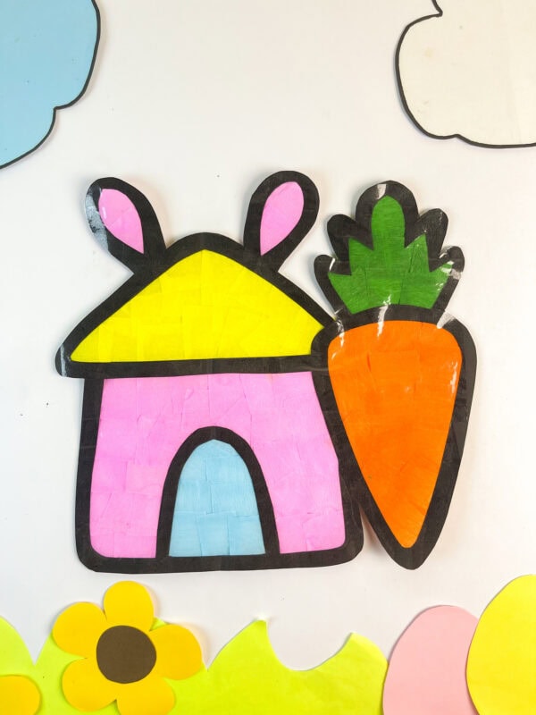Bunny house suncatcher displayed with spring decorations