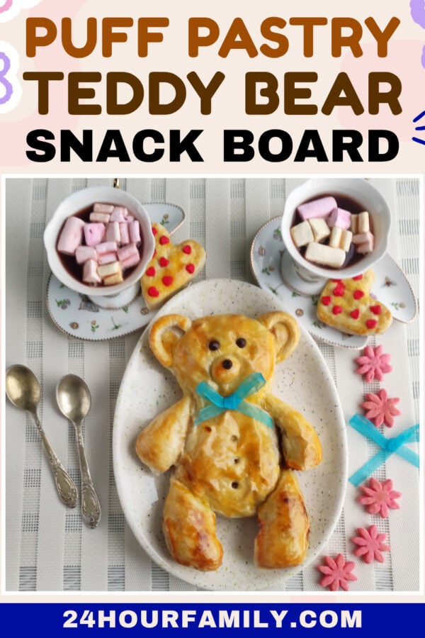Puff pastry teddy bear snack board with marshmallows and heart cookies