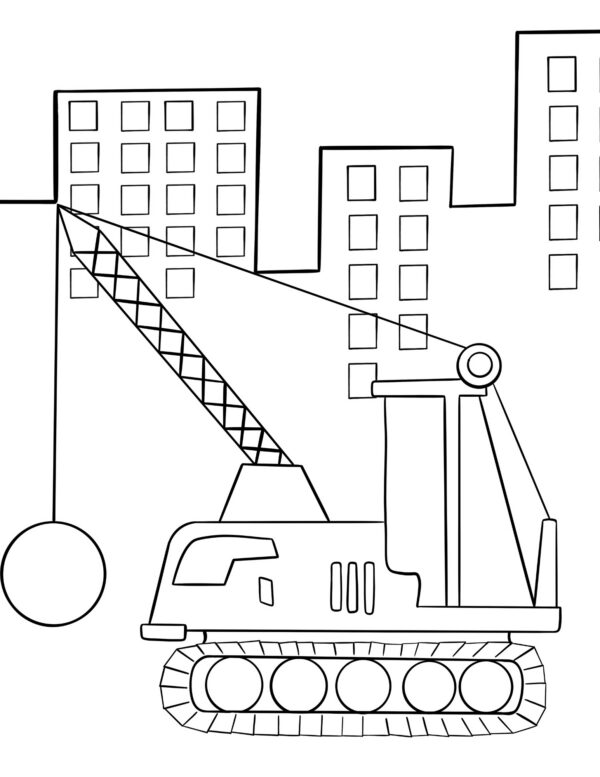 Crane truck lifting wrecking ball near buildings
