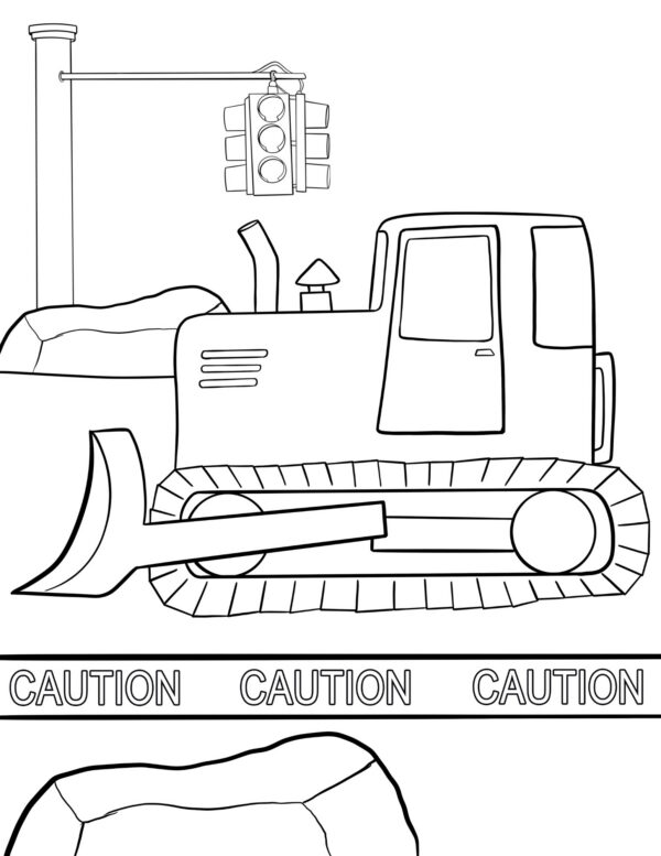 Bulldozer with caution barrier and traffic light