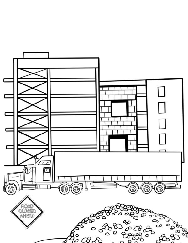 Flatbed construction truck near building frame