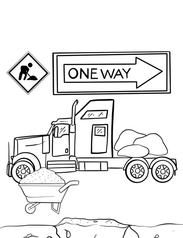 Dump truck with road work signs