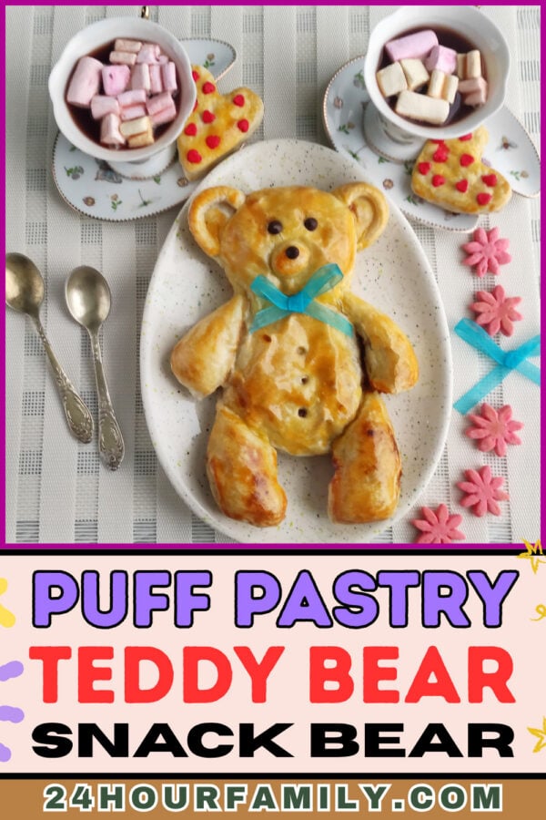 Overhead teddy bear snack board with marshmallows and spoons