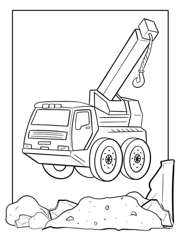 Crane truck lifting hook over rubble