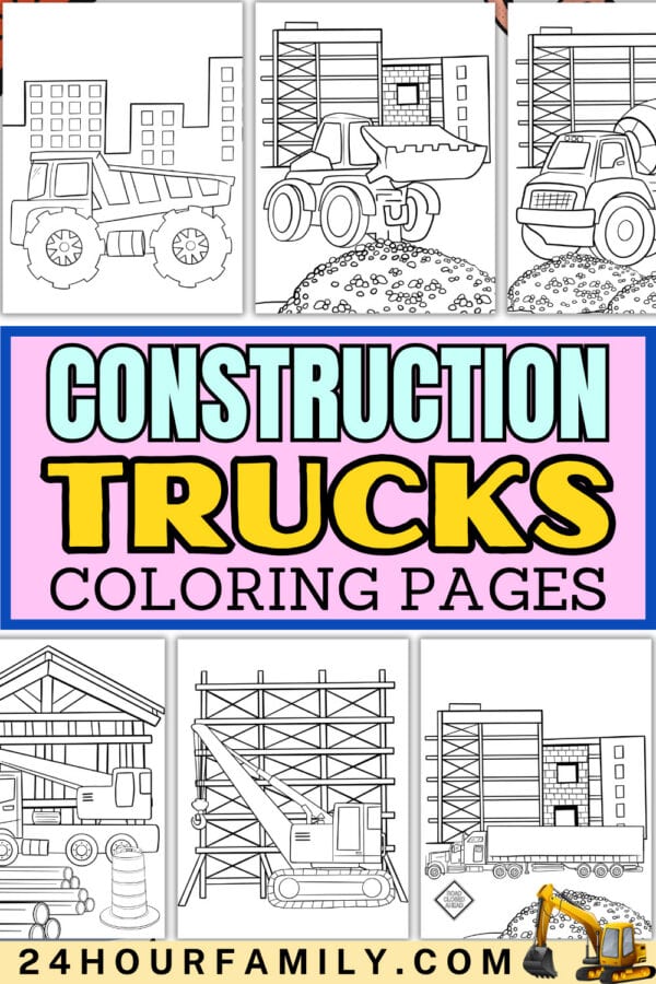 Construction trucks coloring pages collage poster