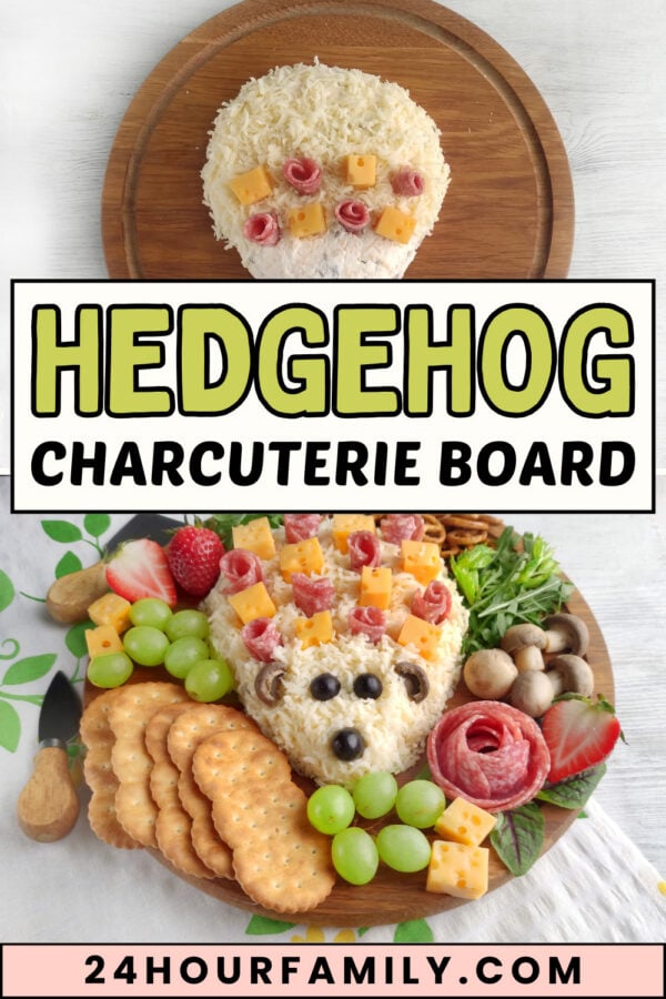 Hedgehog charcuterie board step preview with shaped cheese spread and finished platter display