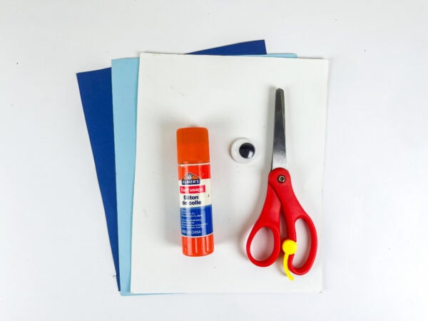 Construction paper, glue stick, googly eye, and scissors for craft supplies
