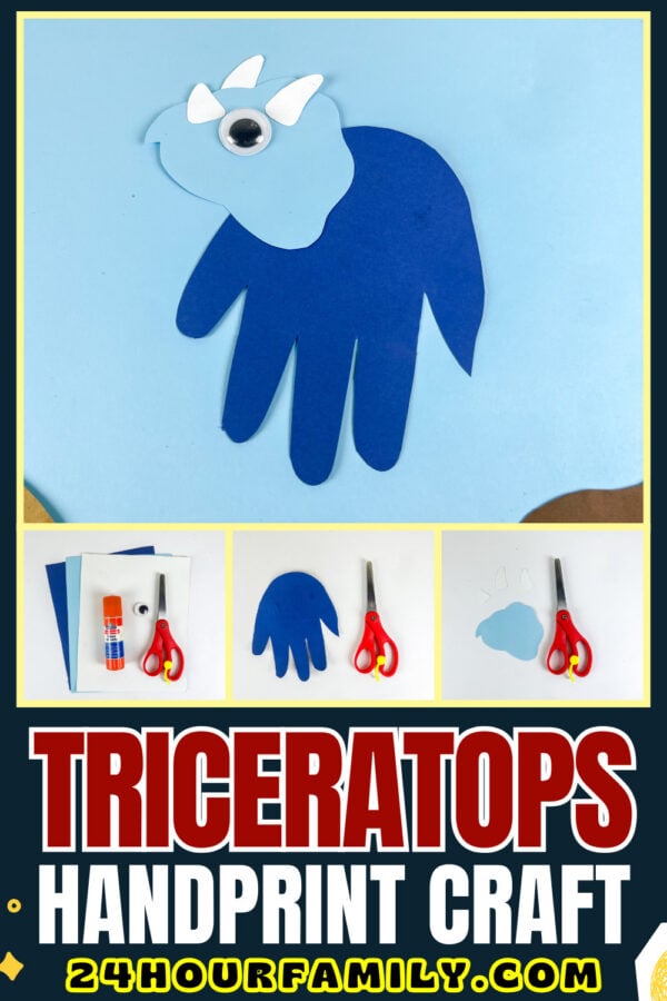 Blue triceratops handprint craft preview layout with materials and finished example