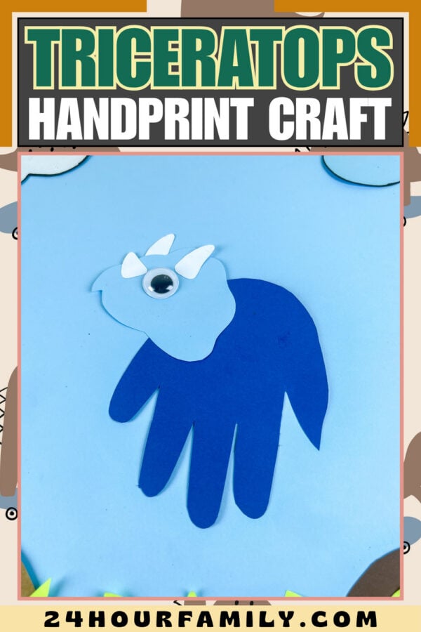 Triceratops handprint craft title image with finished dinosaur example