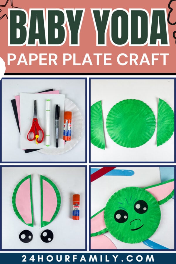 Baby Yoda paper plate craft step-by-step collage poster