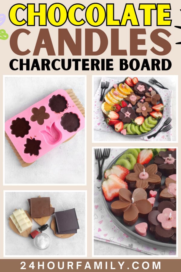 Chocolate candles charcuterie board collage with molds and fruit platter