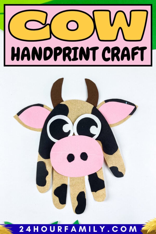 Cow handprint craft title image with finished example