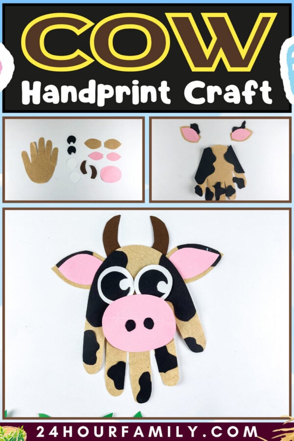 Cow handprint craft title collage with step preview images
