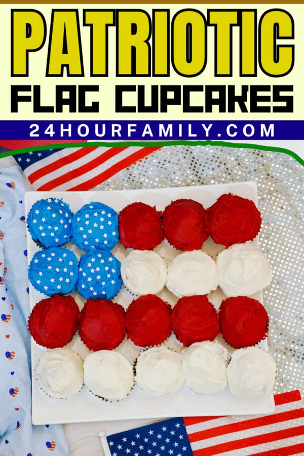 Patriotic American flag cupcakes recipe title image.