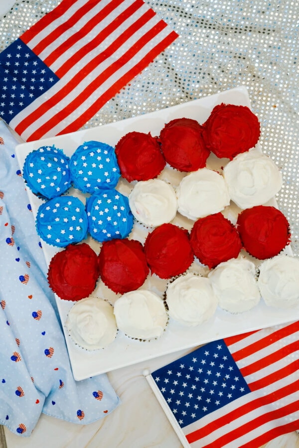 American flag cupcakes with flags and decorations