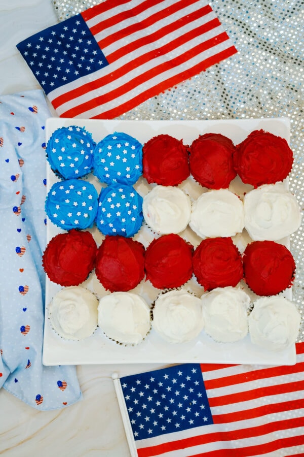 Patriotic cupcakes arranged like American flag