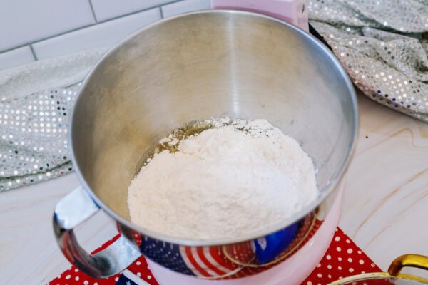 Flour in mixing bowl for cupcake batter