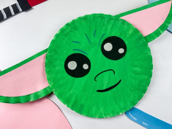 Angled close-up of Baby Yoda paper plate craft
