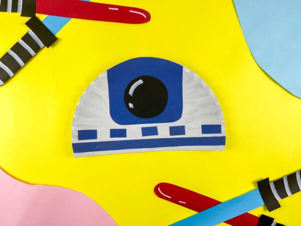 R2-D2 paper plate craft on yellow background