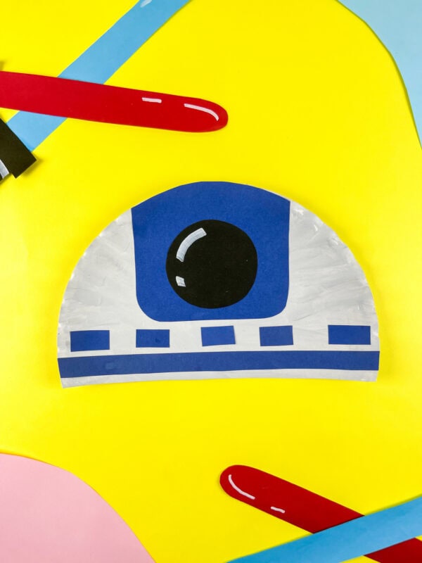 R2-D2 paper plate craft on yellow background